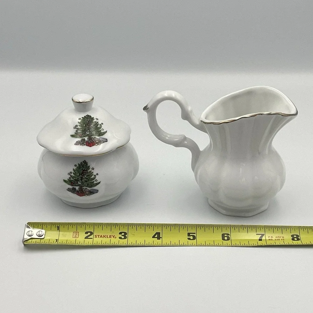 Vintage 1980s‎ Christmas Tree Creamer & Sugar Set Taiwan Porcelain Gold Trim